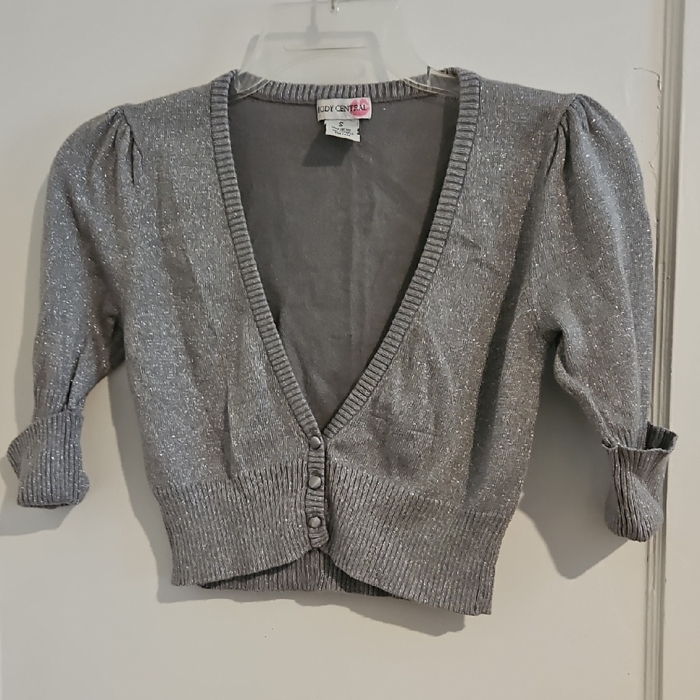 Body Central Silver Gray Cropped Cardigan Sweater V-Neck Size Small